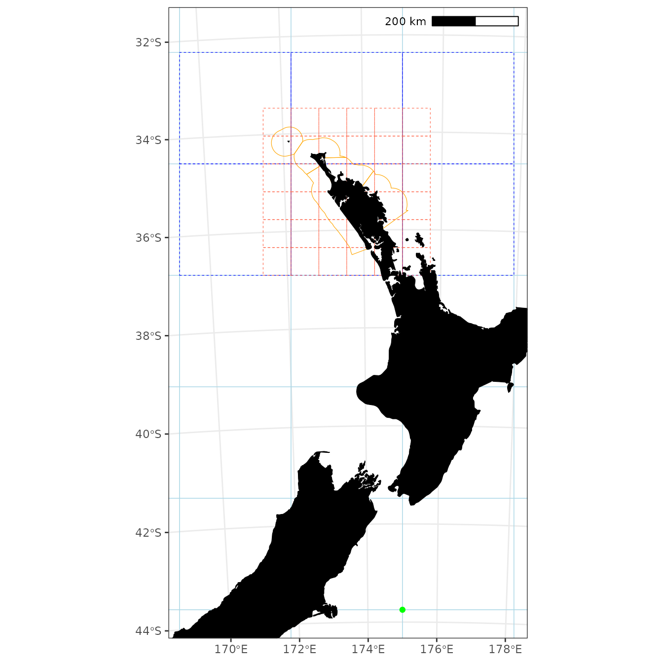 EEZ 200 x 200 km grid (light blue), CRA 1 200 x 200 km grid (dashed blue), origin (green point).