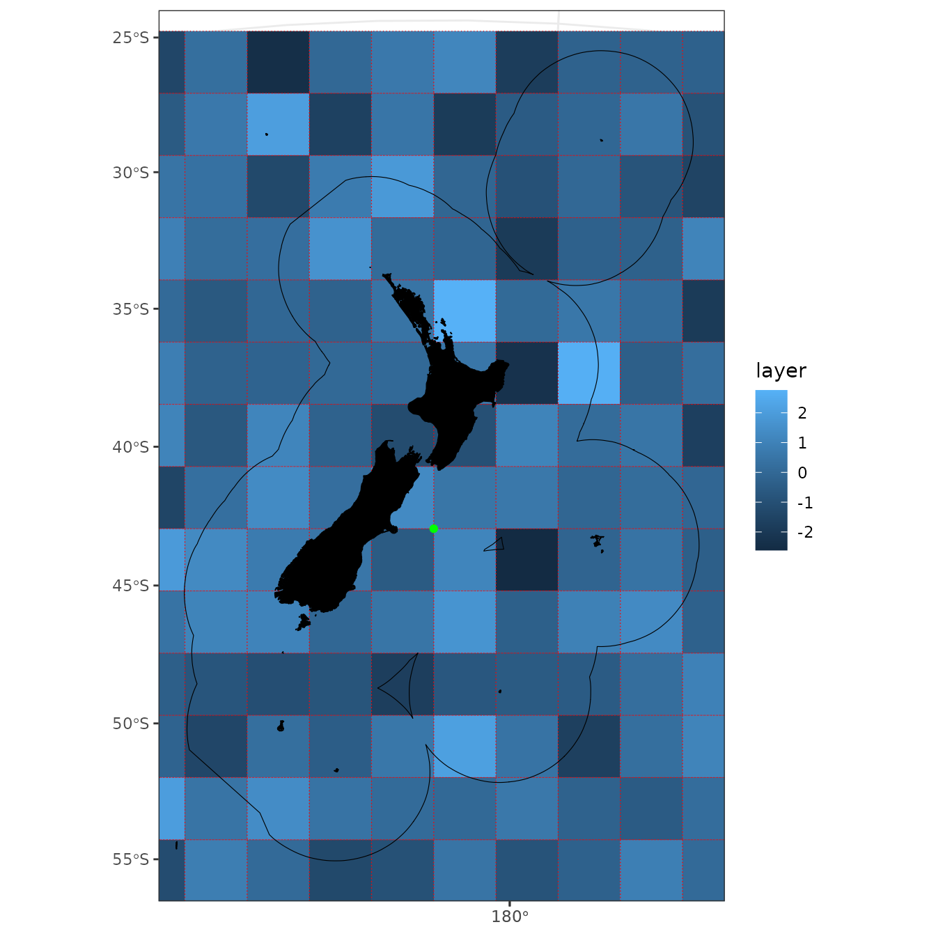 EEZ 200 x 200 km grid as polygons (dotted red), EEZ 200 x 200 km grid as raster (blue), origin (green point).