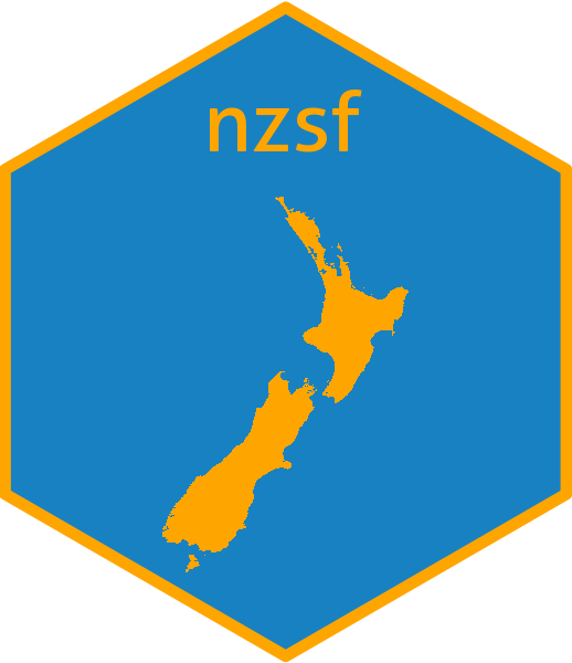 nzsf package hex sticker with a map of New Zealand