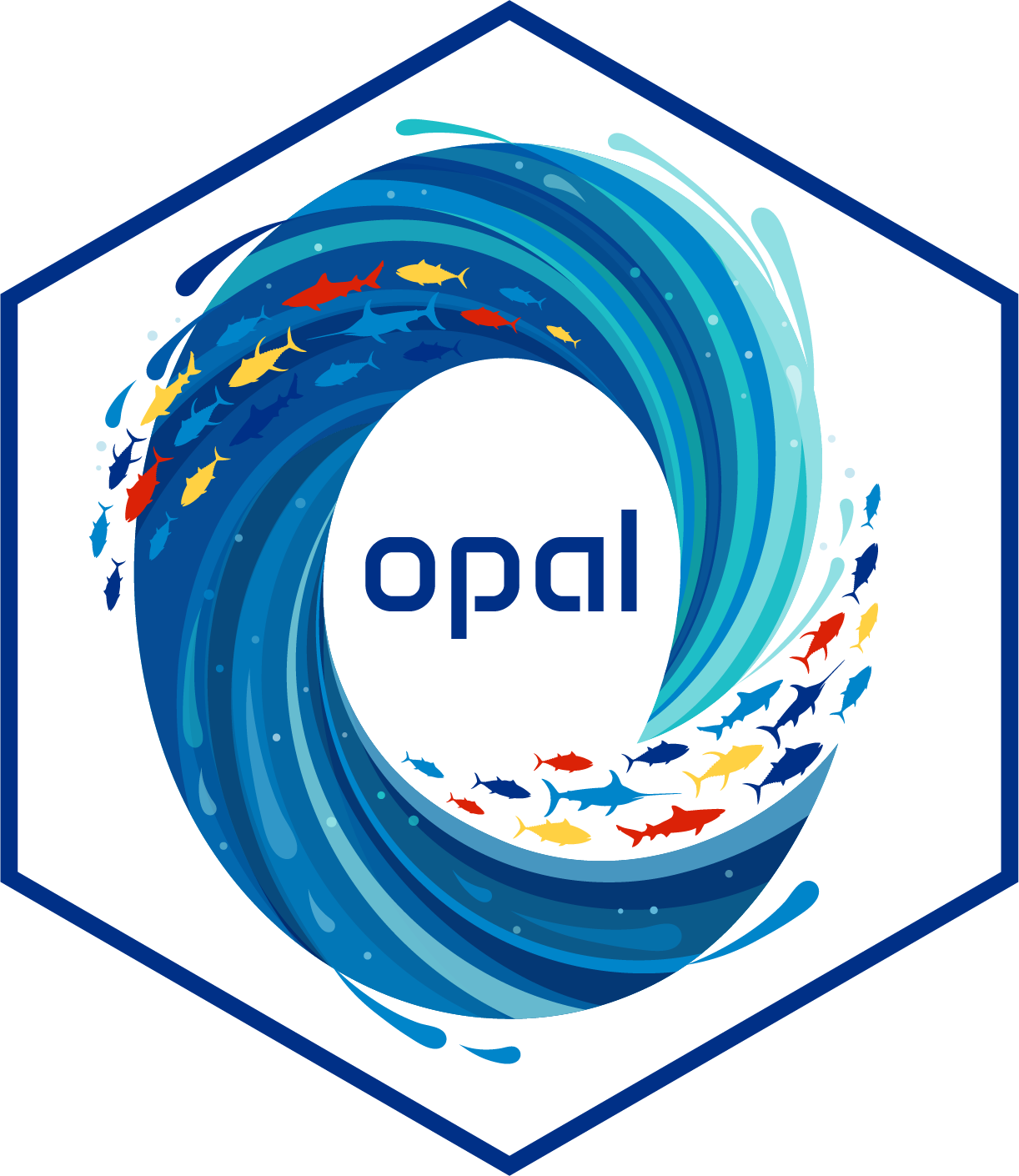 opal package hex sticker formed from waves and fish