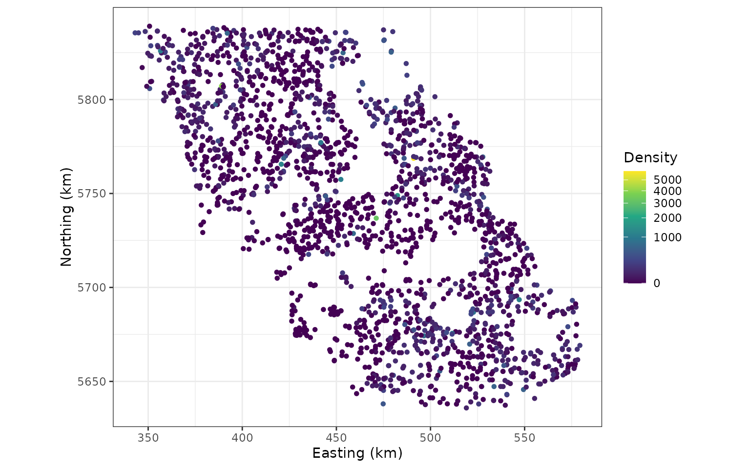 Observed Pacific cod survey tows, coloured by catch density.