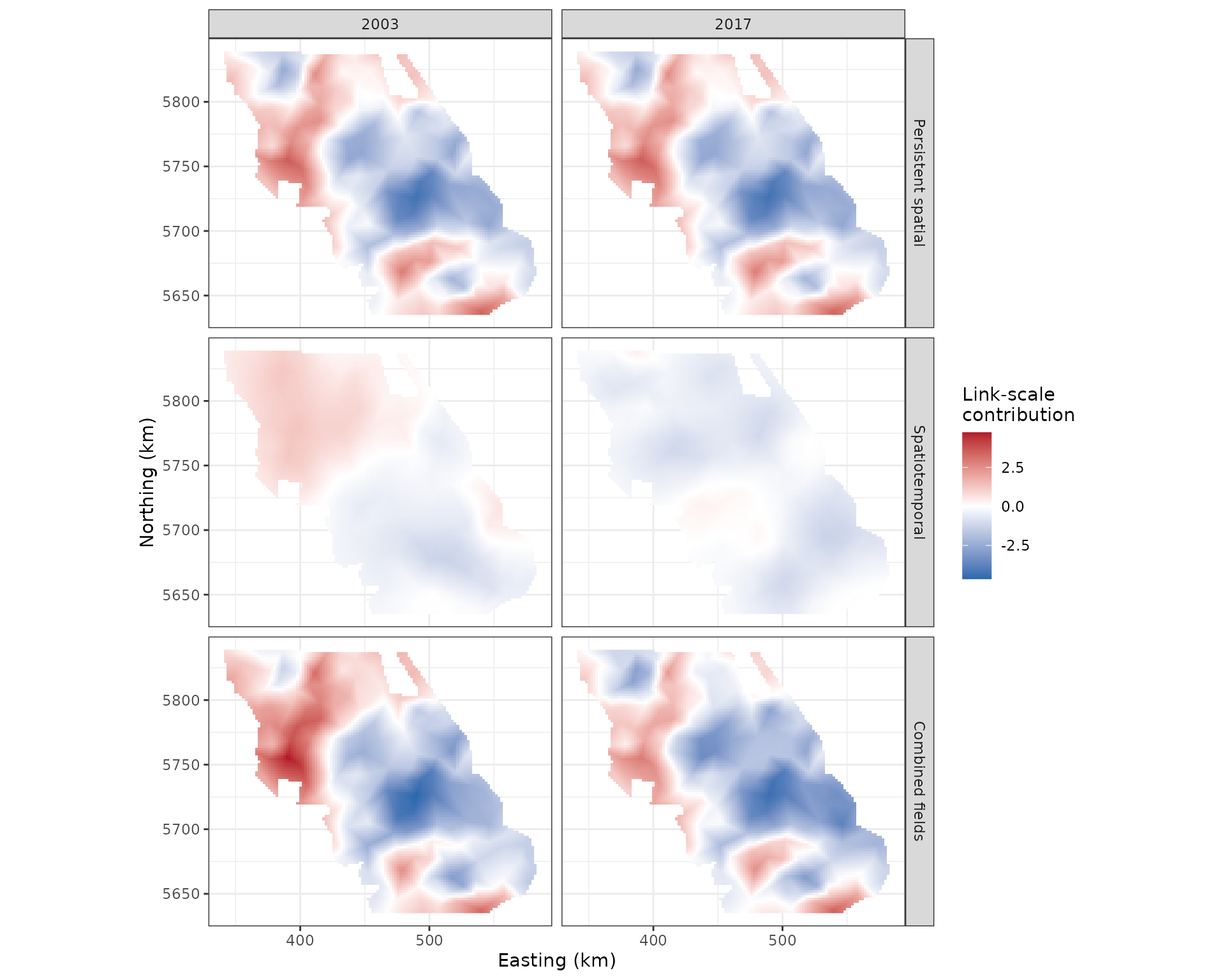 Persistent spatial field, year-specific spatiotemporal field, and their sum for two Pacific cod survey years.