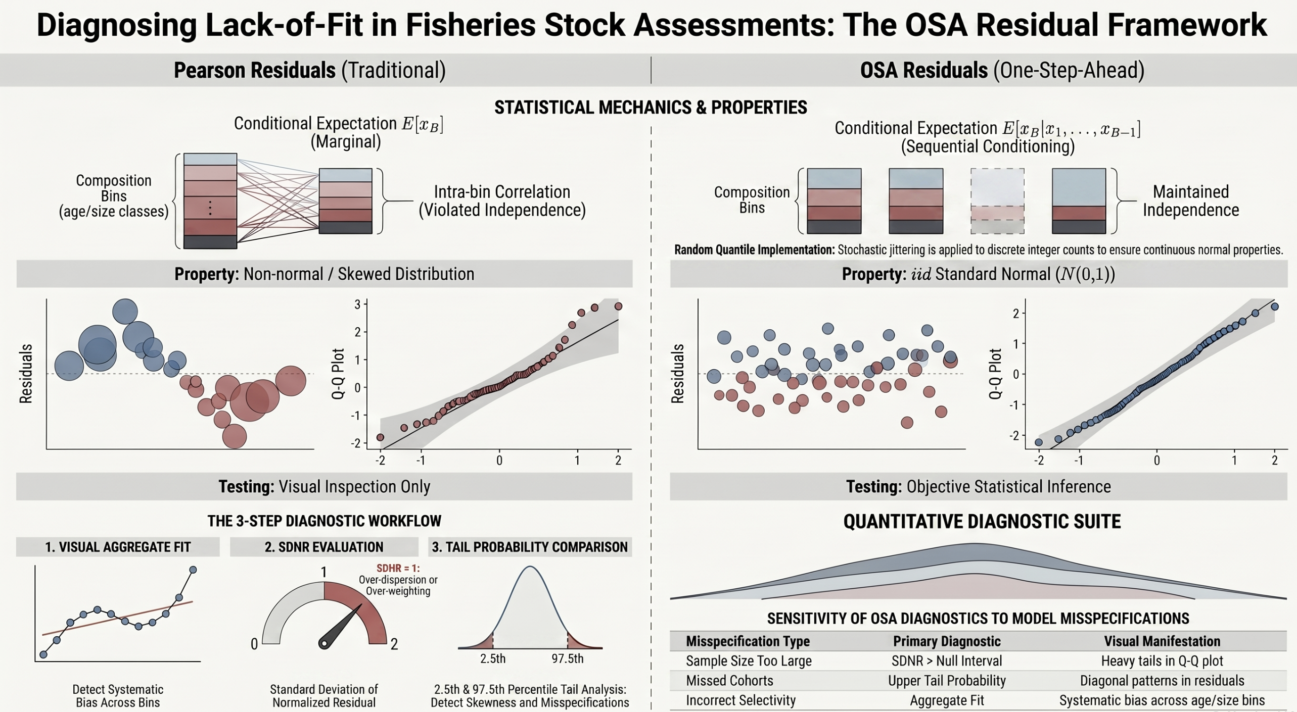 Diagnosing lack-of-fit with Pearson and one-step-ahead residual diagnostics.